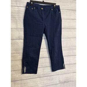 Ruby Road Women's Blue Cropped Pants Size 8 Embroidery VGC